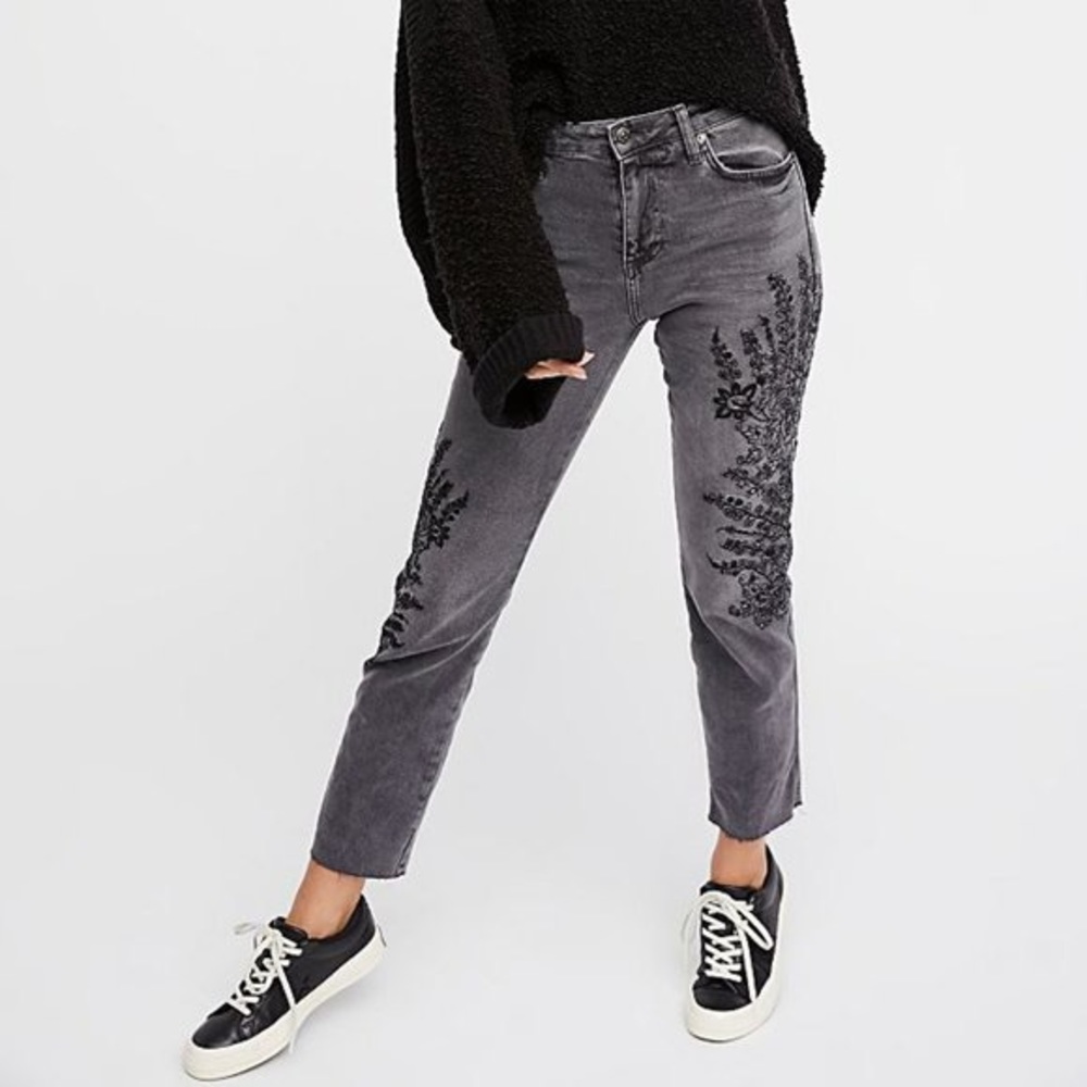 Free People Black Embroidered Floral Girlfriend Jeans
